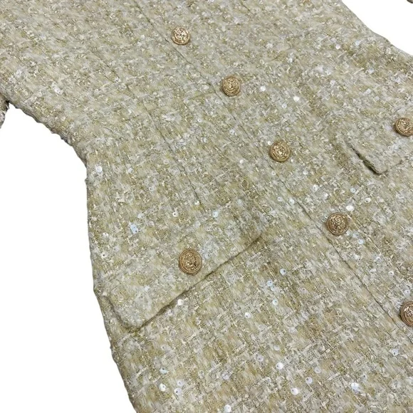 Gianni Bini Lissy Sequin Tweed Long Sleeve Button Front Mini Dress Champagne NEW - Picture 4 of 12